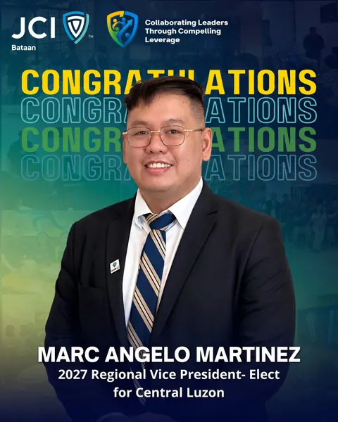 JCI Bataan congratulatory graphic for Marc Angelo Martinez, 2027 Regional Vice President-Elect for Central Luzon, showing his portrait in a dark suit and striped tie.